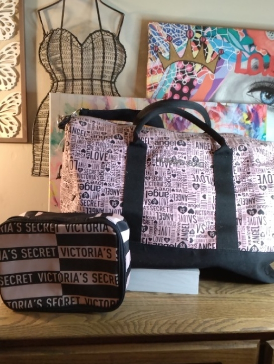 Victoria's Secret Handbags - Victoria's Secret Pink and Black Logo Travel Bag with Matching Cosmetic Pouch